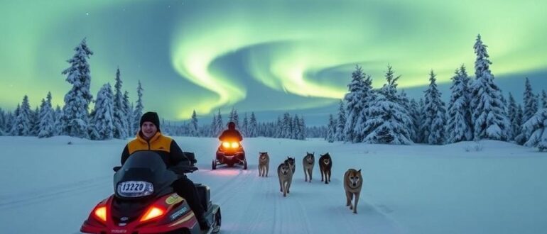 Карелия зимой: снегоходы, хаски, северное сияние